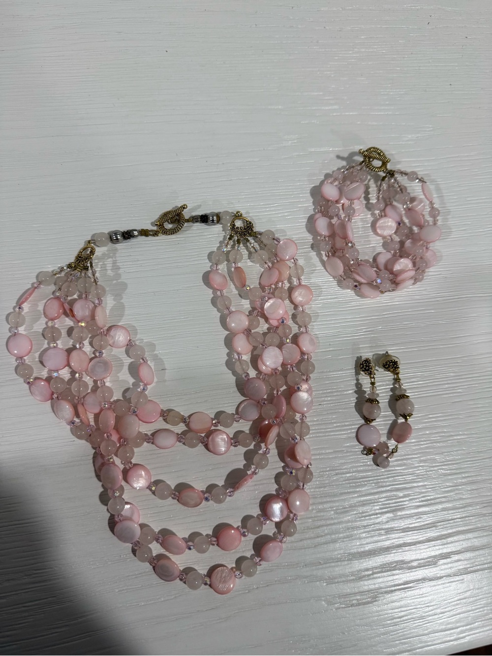 Handcrafted Pink Semi precious stones Beaded Necklace, Bracelet & Earrings Set